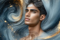 Abstract Male Art Ai Photos of Beautiful Men Enveloped by Vibrant Blue & Gold Colors