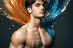 Abstract Male Art Ai Photos of Beautiful Men Enveloped by Vibrant Blue & Gold Colors