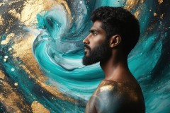 Abstract Male Art Ai Photos of Beautiful Men Enveloped by Vibrant Blue & Gold Colors