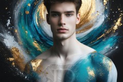 Abstract Male Art Ai Photos of Beautiful Men Enveloped by Vibrant Blue & Gold Colors