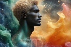 Abstract Male Art Ai Photos of Beautiful Men Enveloped by Vibrant Blue & Gold Colors