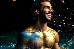 Abstract Male Art Ai Photos of Beautiful Men Enveloped by Vibrant Blue & Gold Colors