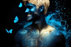 Abstract Male Art Ai Photos of Beautiful Men Enveloped by Vibrant Blue & Gold Colors