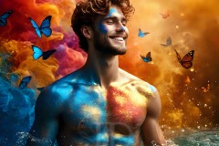 Abstract Male Art Ai Photos of Beautiful Men Enveloped by Vibrant Blue & Gold Colors