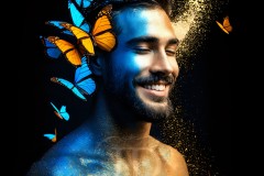 Abstract Male Art Ai Photos of Beautiful Men Enveloped by Vibrant Blue & Gold Colors