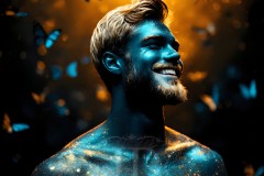 Abstract Male Art Ai Photos of Beautiful Men Enveloped by Vibrant Blue & Gold Colors
