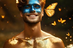 Abstract Male Art Ai Photos of Beautiful Men Enveloped by Vibrant Blue & Gold Colors