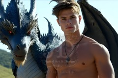 The Dragon Prince - A very attractive shirtless young male prince,standing next to him a huge dragon.
