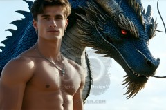 The Dragon Prince - A very attractive shirtless young male prince,standing next to him a huge dragon.