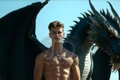 The Dragon Prince - A very attractive shirtless young male prince,standing next to him a huge dragon.