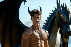 The Dragon Prince - A very attractive shirtless young male prince,standing next to him a huge dragon.