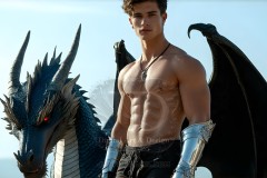 The Dragon Prince - A very attractive shirtless young male prince,standing next to him a huge dragon.