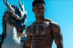The Dragon Prince - A very attractive shirtless young male prince,standing next to him a huge dragon.