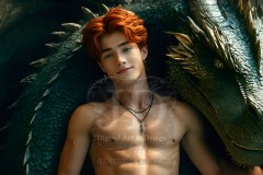 The Dragon Prince - A very attractive shirtless young male prince,standing next to him a huge dragon.