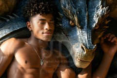 The Dragon Prince - A very attractive shirtless young male prince,standing next to him a huge dragon.