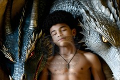 The Dragon Prince - A very attractive shirtless young male prince,standing next to him a huge dragon.