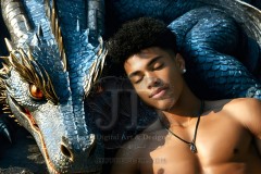 The Dragon Prince - A very attractive shirtless young male prince,standing next to him a huge dragon.