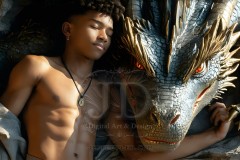 The Dragon Prince - A very attractive shirtless young male prince,standing next to him a huge dragon.