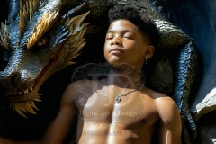 The Dragon Prince - A very attractive shirtless young male prince,standing next to him a huge dragon.