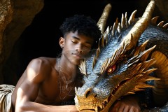 The Dragon Prince - A very attractive shirtless young male prince,standing next to him a huge dragon.