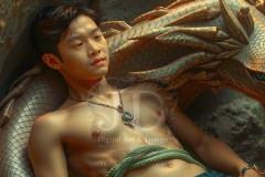 The Dragon Prince - A very attractive shirtless young male prince,standing next to him a huge dragon.