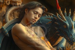 The Dragon Prince - A very attractive shirtless young male prince,standing next to him a huge dragon.