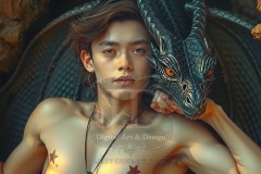 The Dragon Prince - A very attractive shirtless young male prince,standing next to him a huge dragon.