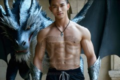The Dragon Prince - A very attractive shirtless young male prince,standing next to him a huge dragon.