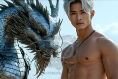 The Dragon Prince - A very attractive shirtless young male prince,standing next to him a huge dragon.