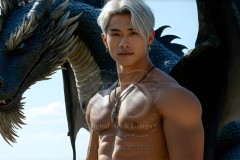 The Dragon Prince - A very attractive shirtless young male prince,standing next to him a huge dragon.