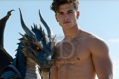 The Dragon Prince - A very attractive shirtless young male prince,standing next to him a huge dragon.