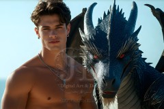 The Dragon Prince - A very attractive shirtless young male prince,standing next to him a huge dragon.