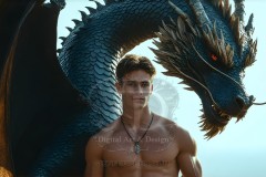 The Dragon Prince - A very attractive shirtless young male prince,standing next to him a huge dragon.