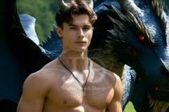 The Dragon Prince - A very attractive shirtless young male prince,standing next to him a huge dragon.