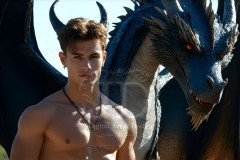 The Dragon Prince - A very attractive shirtless young male prince,standing next to him a huge dragon.