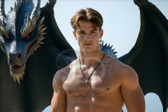 The Dragon Prince - A very attractive shirtless young male prince,standing next to him a huge dragon.