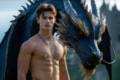 The Dragon Prince - A very attractive shirtless young male prince,standing next to him a huge dragon.