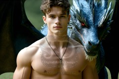 The Dragon Prince - A very attractive shirtless young male prince,standing next to him a huge dragon.