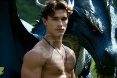 The Dragon Prince - A very attractive shirtless young male prince,standing next to him a huge dragon.