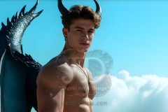 The Dragon Prince - A very attractive shirtless young male prince,standing next to him a huge dragon.