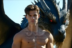 The Dragon Prince - A very attractive shirtless young male prince,standing next to him a huge dragon.