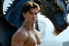 The Dragon Prince - A very attractive shirtless young male prince,standing next to him a huge dragon.