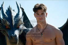 The Dragon Prince - A very attractive shirtless young male prince,standing next to him a huge dragon.