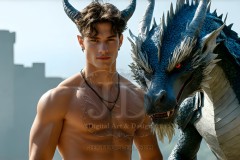 The Dragon Prince - A very attractive shirtless young male prince,standing next to him a huge dragon.