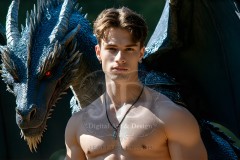 The Dragon Prince - A very attractive shirtless young male prince,standing next to him a huge dragon.