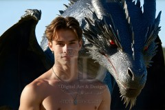The Dragon Prince - A very attractive shirtless young male prince,standing next to him a huge dragon.