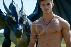 The Dragon Prince - A very attractive shirtless young male prince,standing next to him a huge dragon.