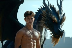 The Dragon Prince - A very attractive shirtless young male prince,standing next to him a huge dragon.