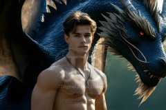 The Dragon Prince - A very attractive shirtless young male prince,standing next to him a huge dragon.