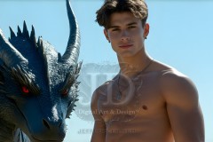The Dragon Prince - A very attractive shirtless young male prince,standing next to him a huge dragon.